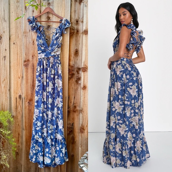 Blue and Cream Floral Ruffled Sleeve Chiffon Maxi Dress 🌿 - Picture 1 of 14